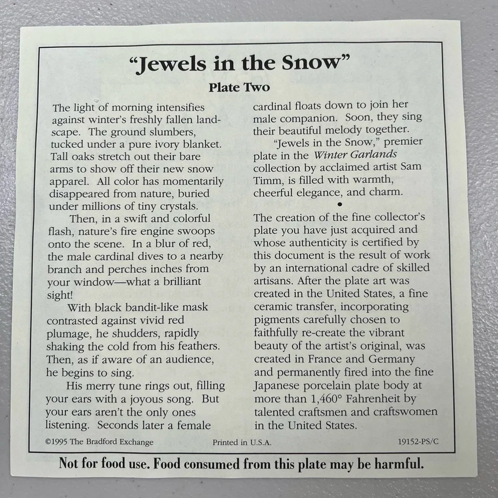 “Jewels In The Snow” 8 inch decorative plate with Certificate of Authenticity - Picture 5 of 5